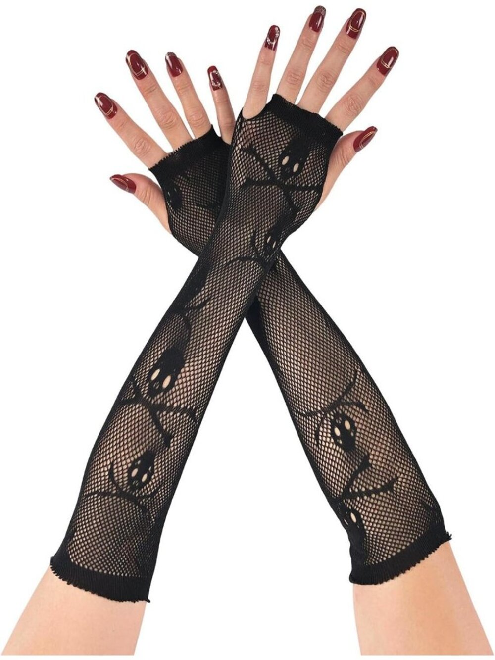 Women's Black Skull Crossbones Fishnet Long Fingerless Gothic Gloves